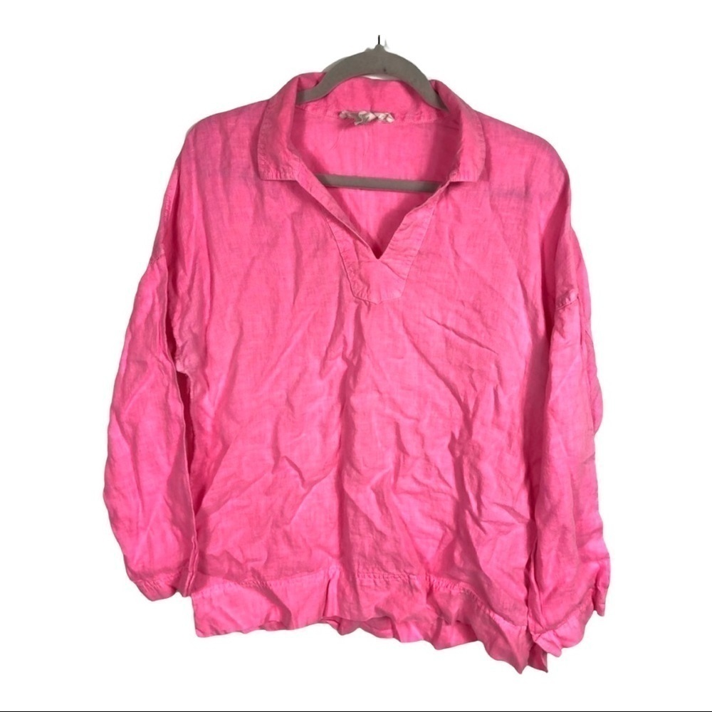 C&C California Hot Pink 100% Linen Split V-Neck Long‎ Sleeve Top Size M